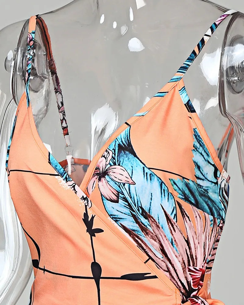 Tropical Print V-Neck Summer Dress