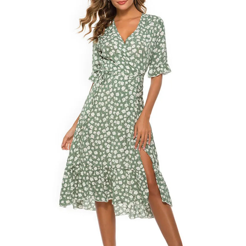 Floral V-Neck Wrap Midi Dress