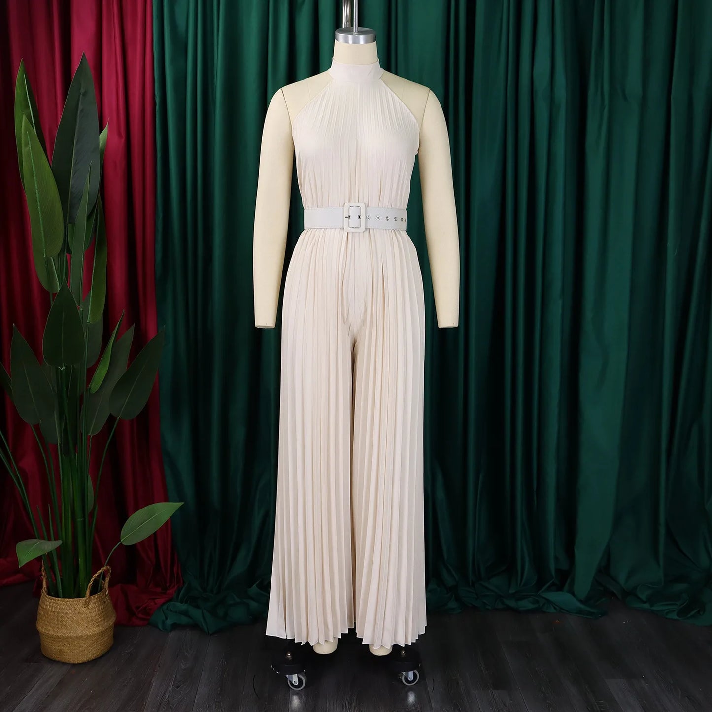 Halter Neck Pleated Wide Leg Jumpsuit
