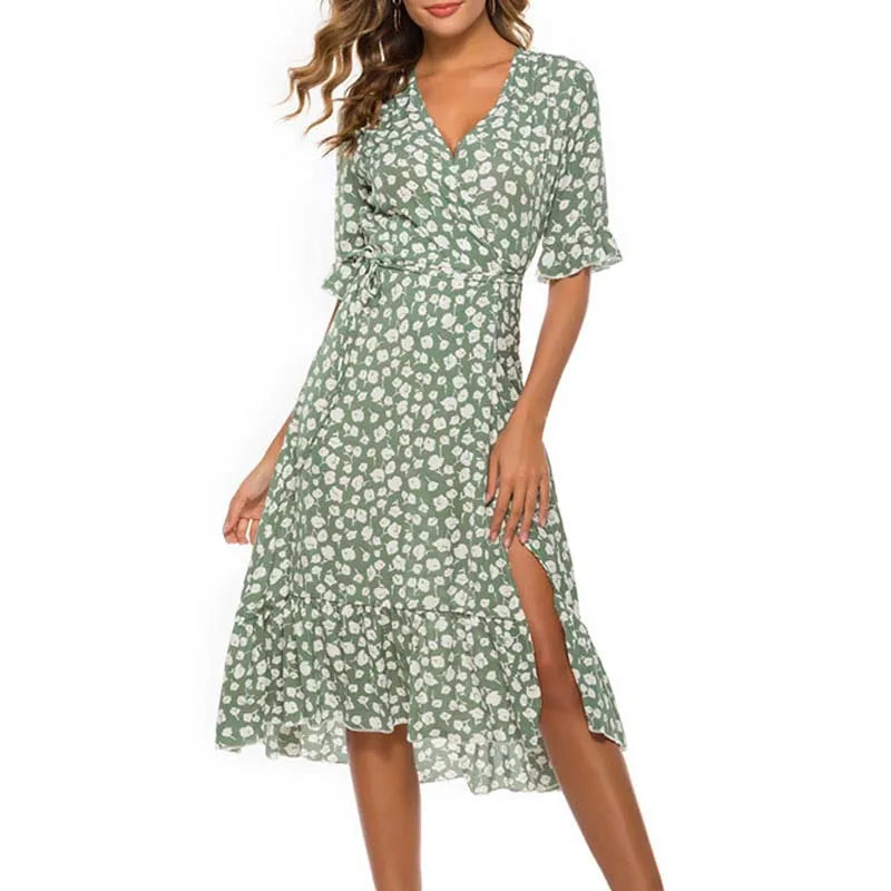 Floral V-Neck Wrap Midi Dress