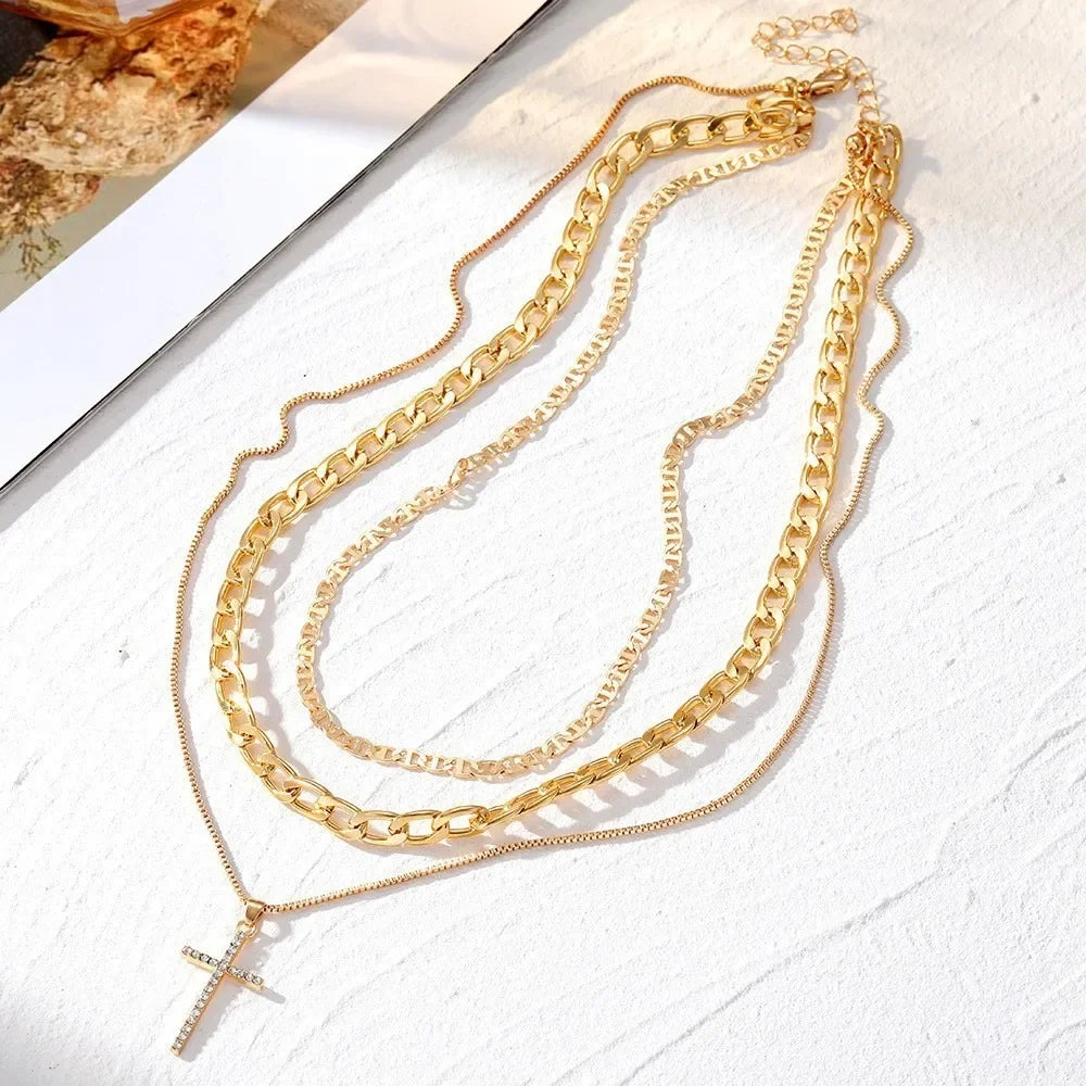 Gold Cross Pendant Layered Necklace