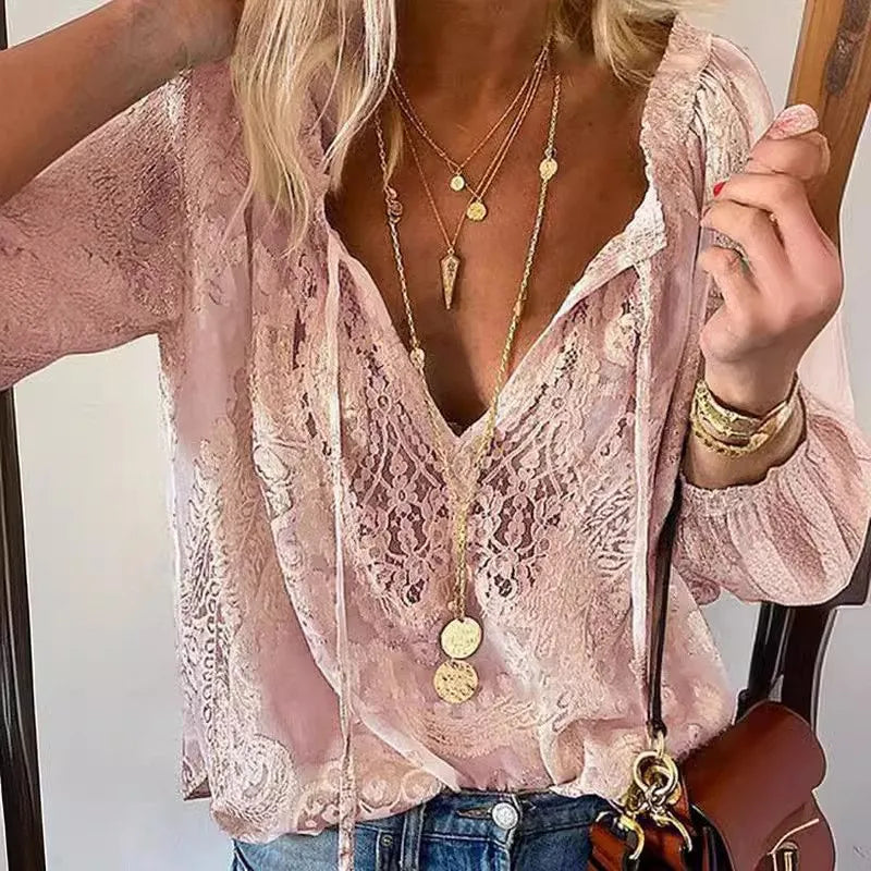 Boho Lace Hollow-Out V-Neck Blouse
