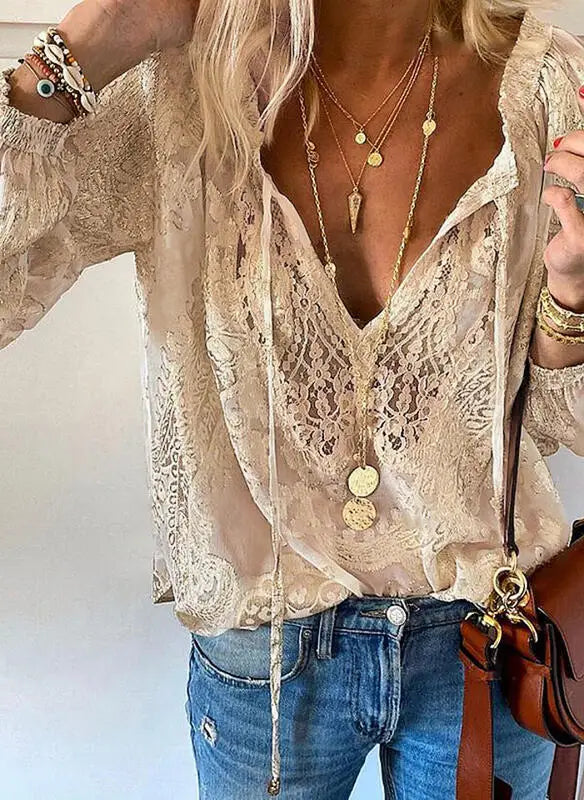 Boho Lace Hollow-Out V-Neck Blouse