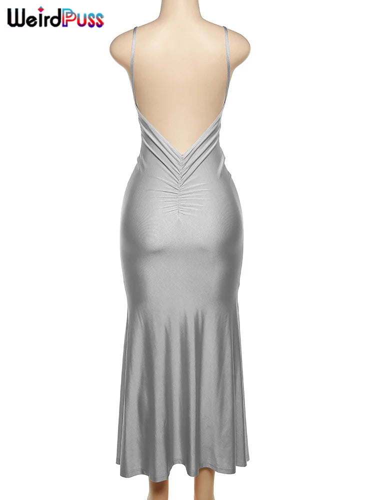 Backless V-Neck Mermaid Maxi Dress