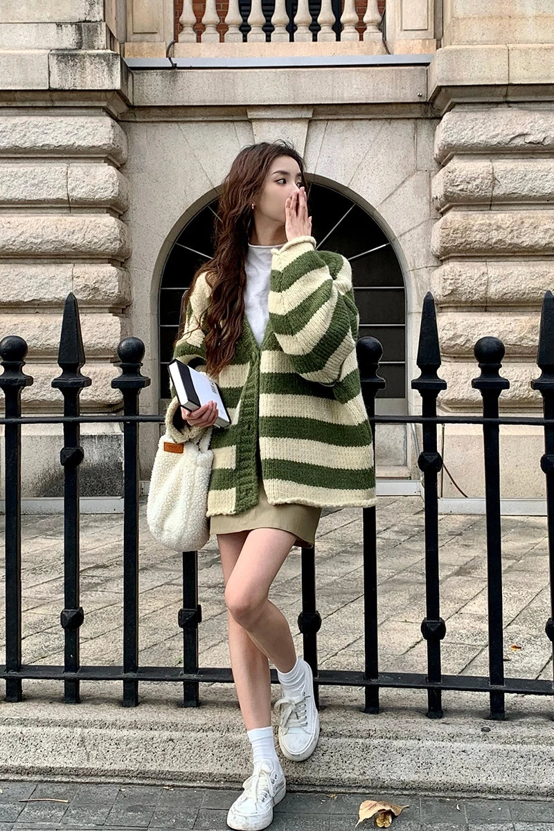 Striped Color Blocked V-Neck Cardigan