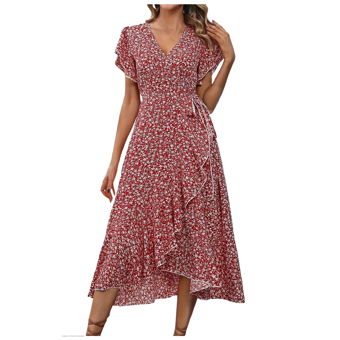 Women’s Floral Wrap V-Neck Midi Dress