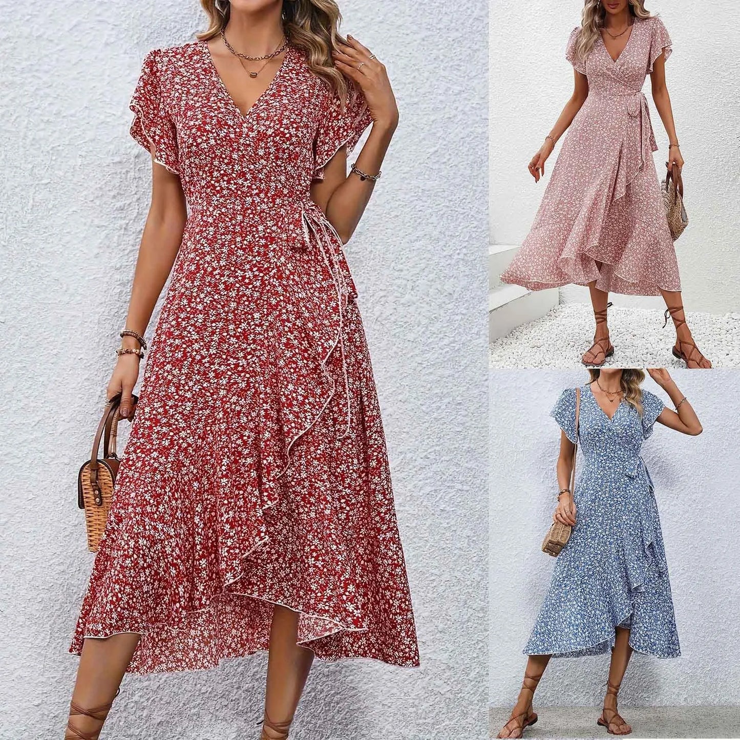 Women’s Floral Wrap V-Neck Midi Dress