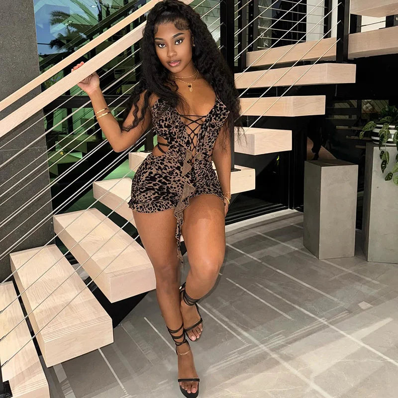Backless Ruffle Drawstring Playsuit