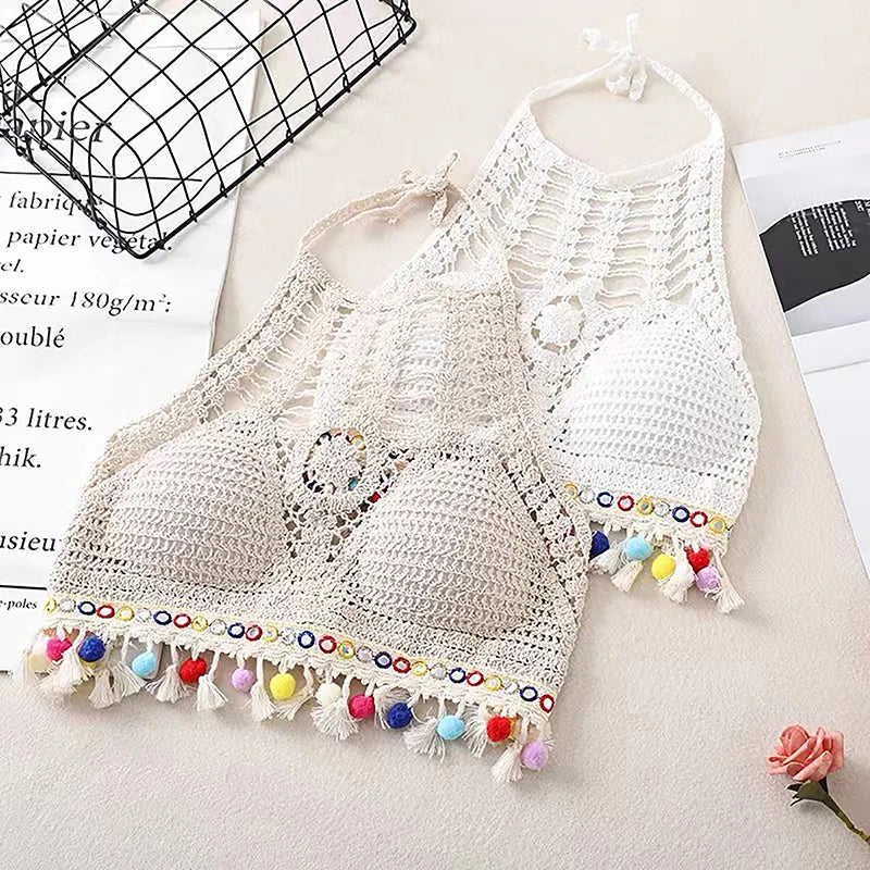 Bohemian Knit Backless Tassel Crop Top