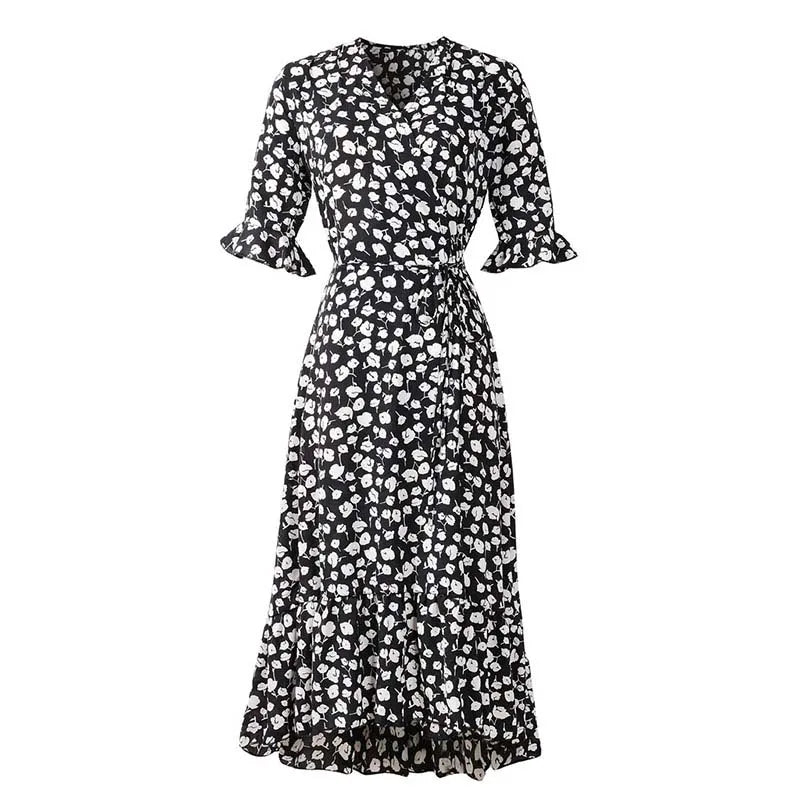 Floral V-Neck Wrap Midi Dress