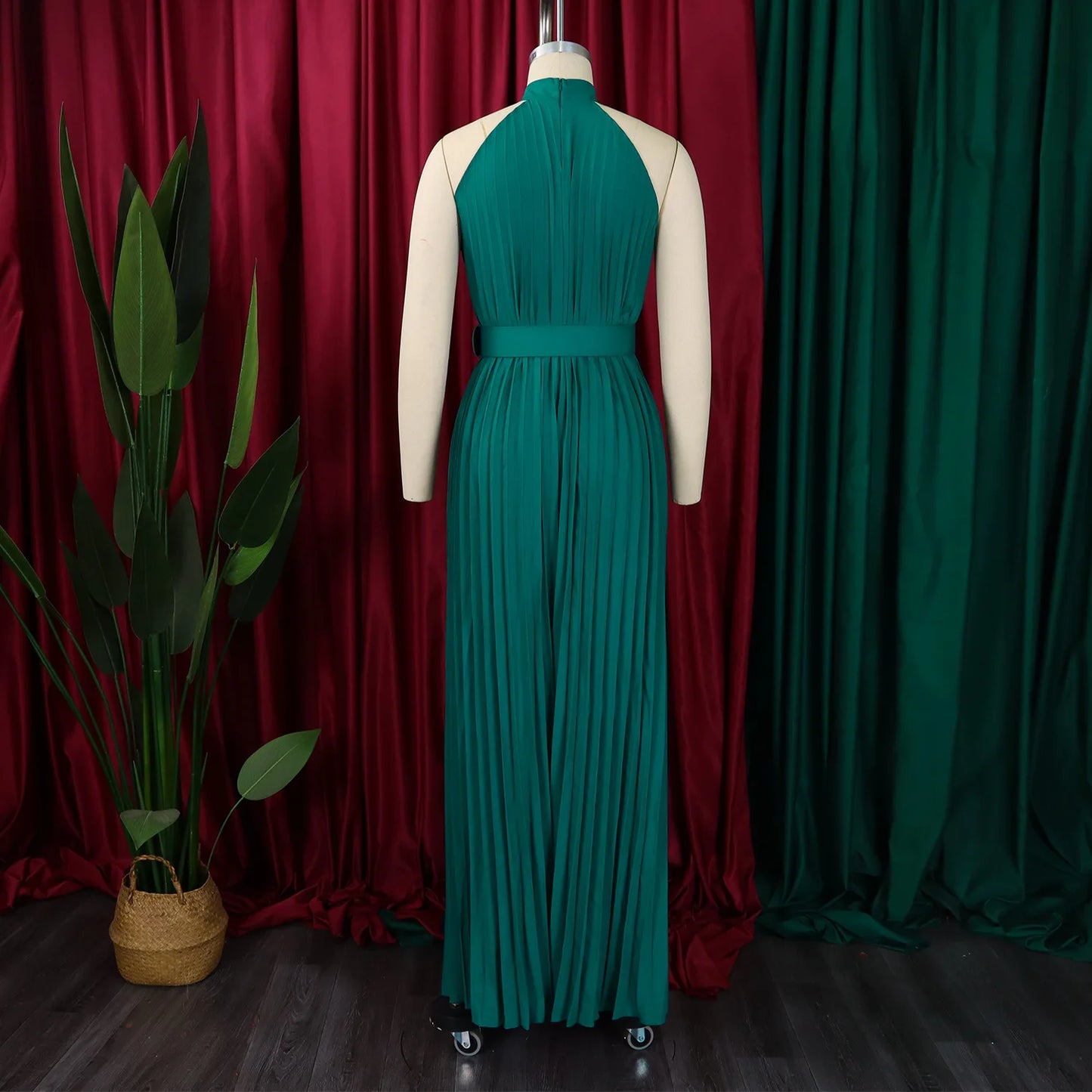 Halter Neck Pleated Wide Leg Jumpsuit