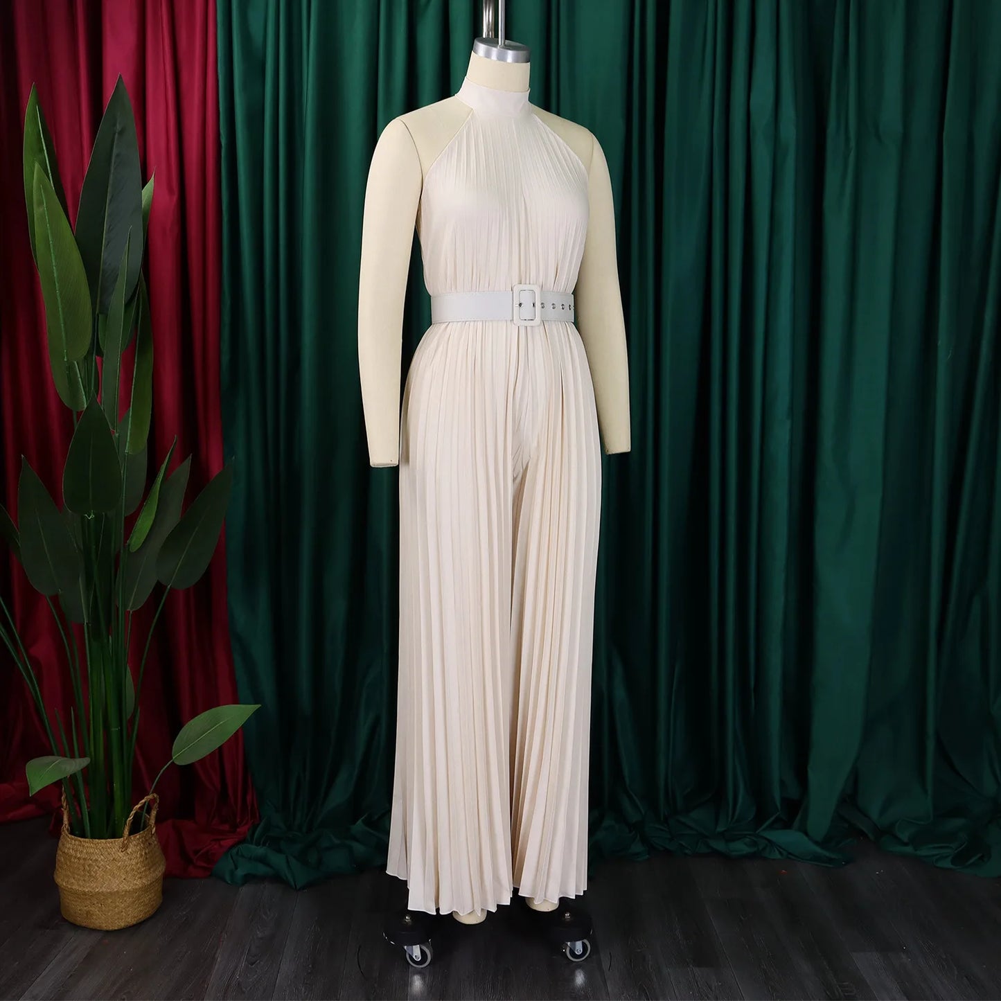 Halter Neck Pleated Wide Leg Jumpsuit