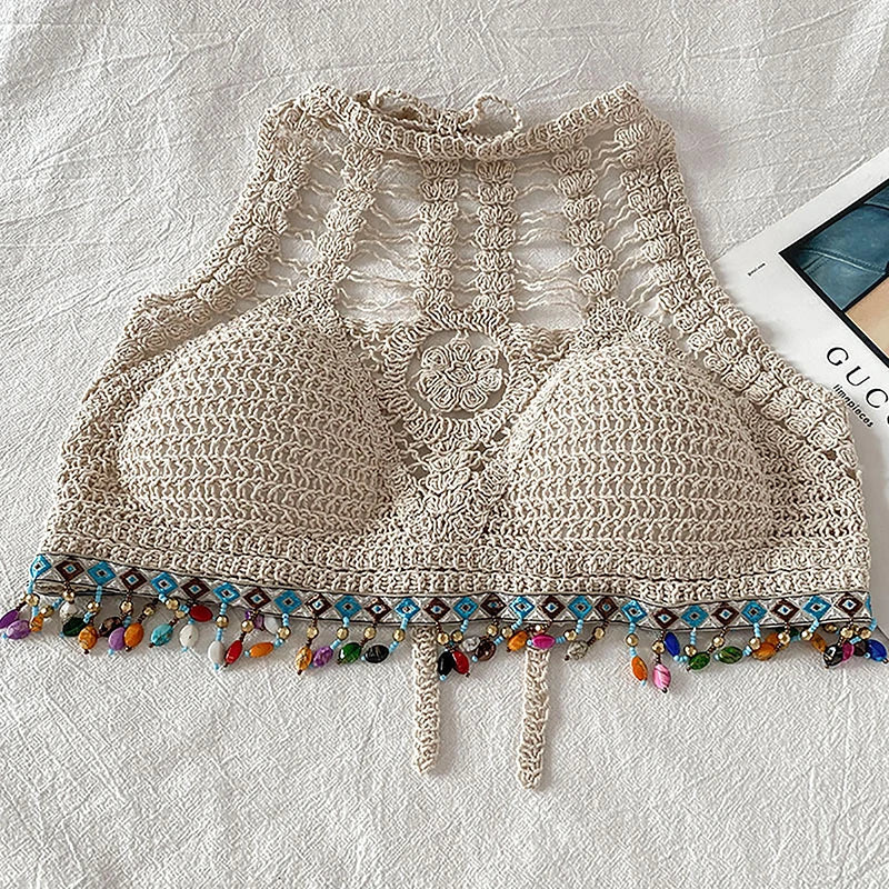 Bohemian Knit Backless Tassel Crop Top