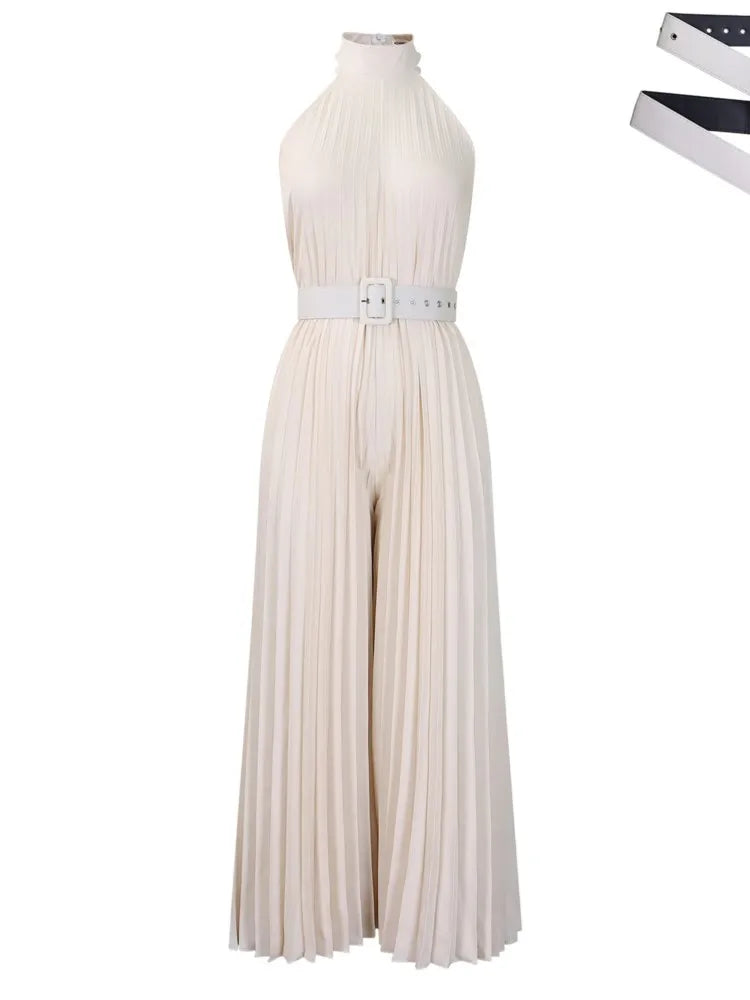 Halter Neck Pleated Wide Leg Jumpsuit