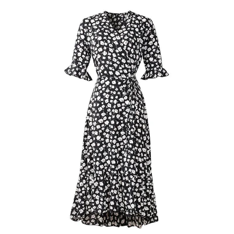 Floral V-Neck Wrap Midi Dress