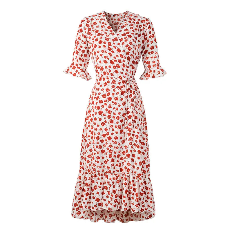 Floral V-Neck Wrap Midi Dress