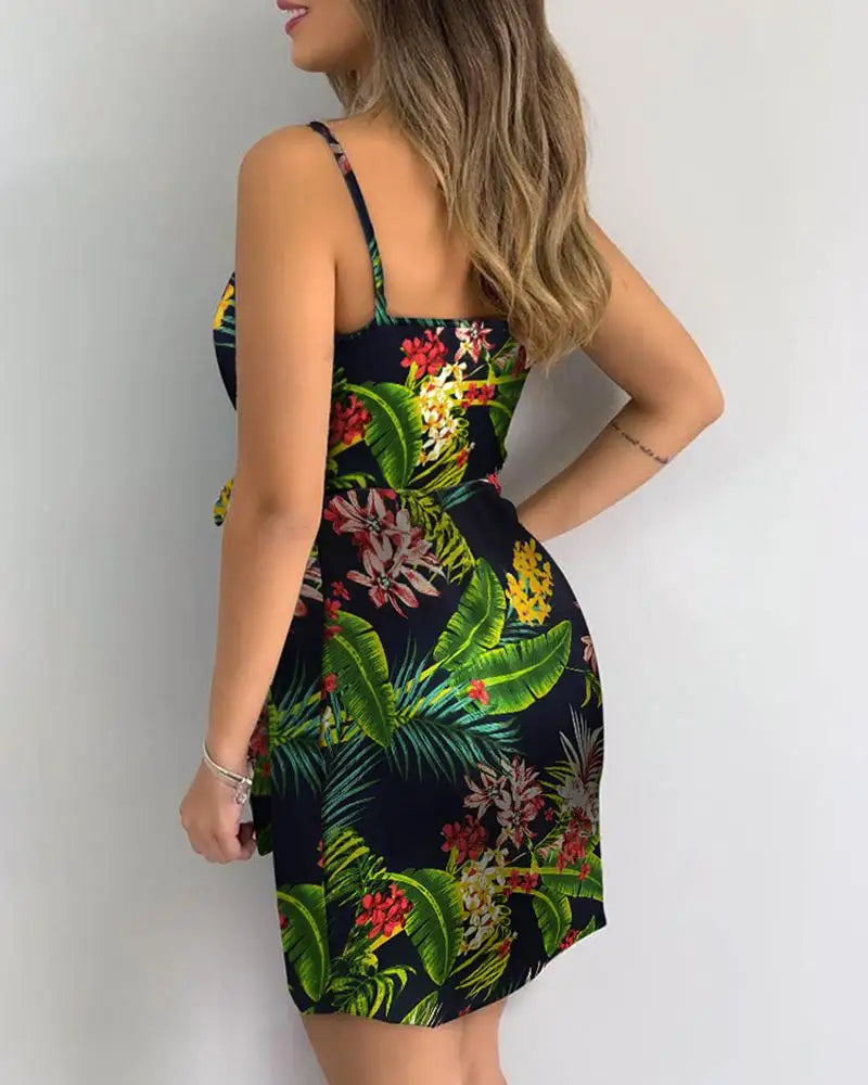 Tropical Print V-Neck Summer Dress