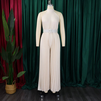 Halter Neck Pleated Wide Leg Jumpsuit