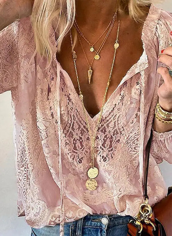 Boho Lace Hollow-Out V-Neck Blouse