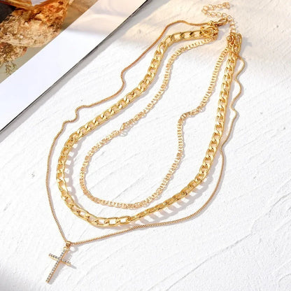 Gold Cross Pendant Layered Necklace
