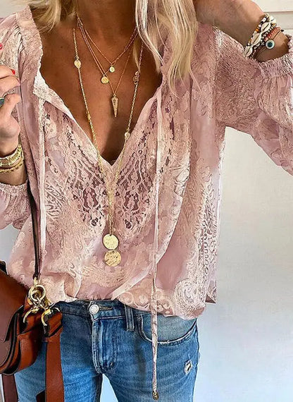 Boho Lace Hollow-Out V-Neck Blouse