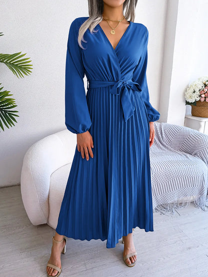 Women’s Elegant V-Neck Pleated Maxi Dress