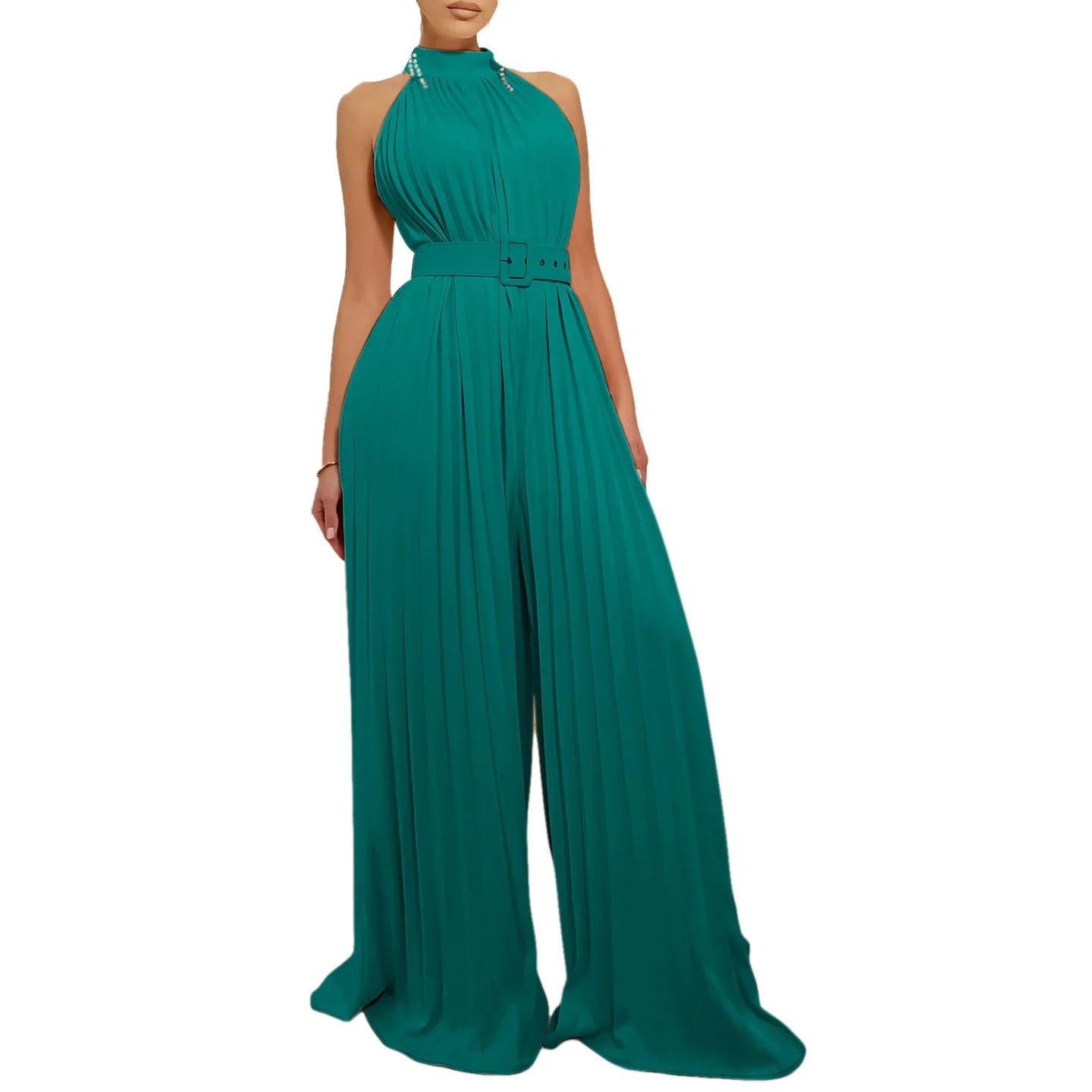 Halter Neck Pleated Wide Leg Jumpsuit
