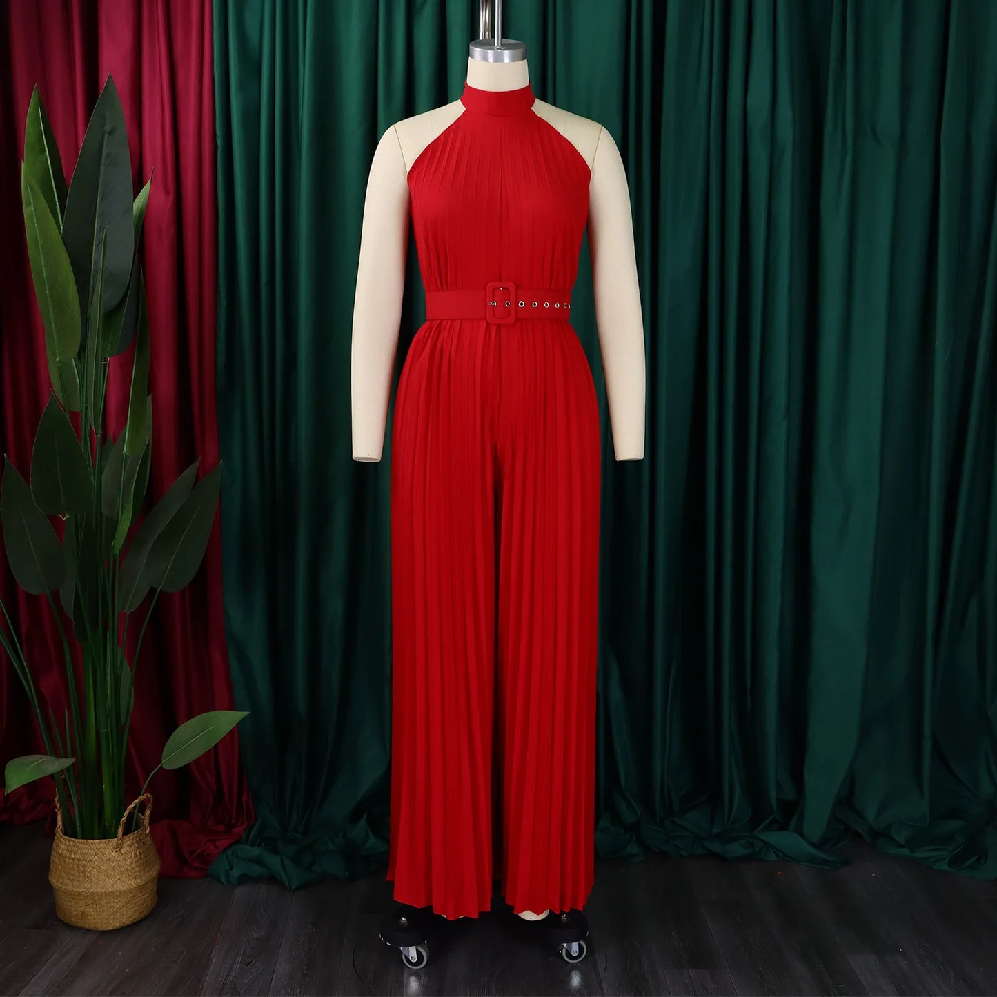 Halter Neck Pleated Wide Leg Jumpsuit