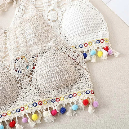 Bohemian Knit Backless Tassel Crop Top