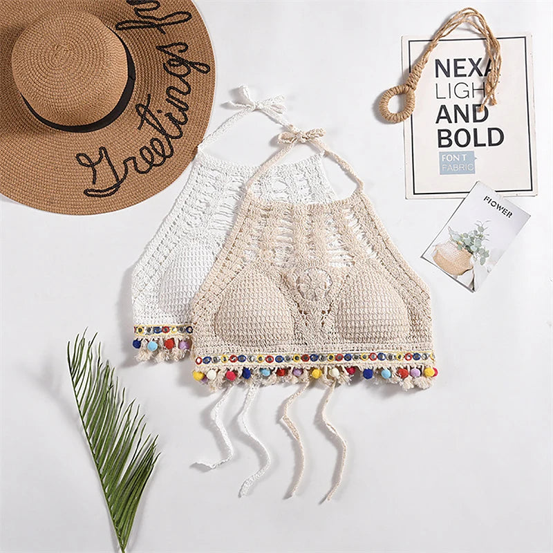 Bohemian Knit Backless Tassel Crop Top