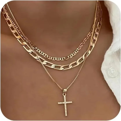 Gold Cross Pendant Layered Necklace