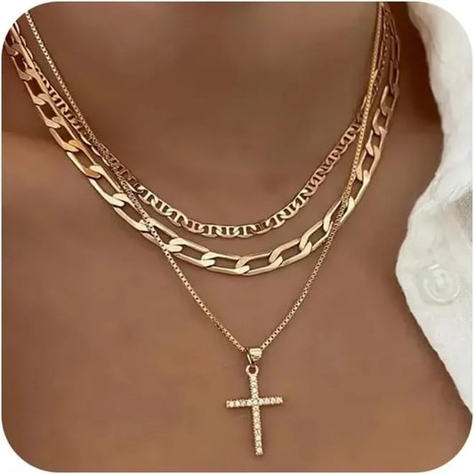 Gold Cross Pendant Layered Necklace