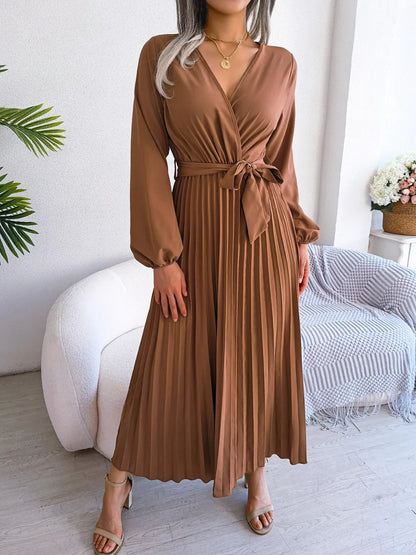 Women’s Elegant V-Neck Pleated Maxi Dress
