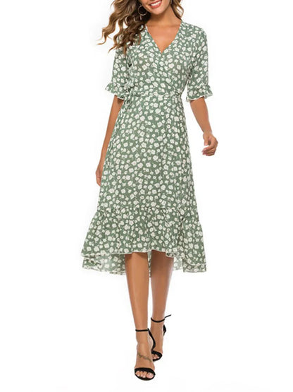 Floral V-Neck Wrap Midi Dress