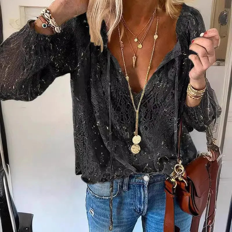 Boho Lace Hollow-Out V-Neck Blouse