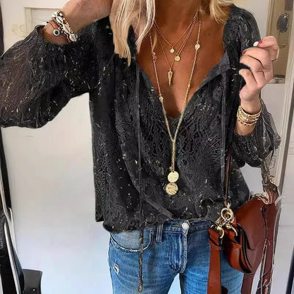 Boho Lace Hollow-Out V-Neck Blouse