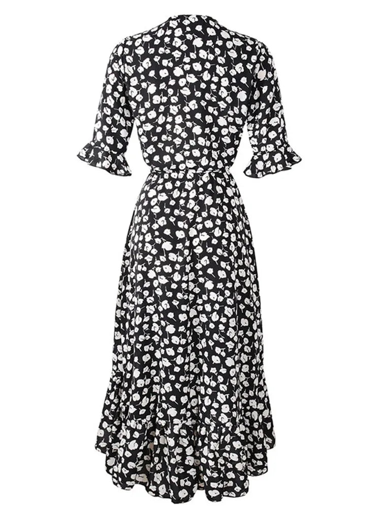 Floral V-Neck Wrap Midi Dress