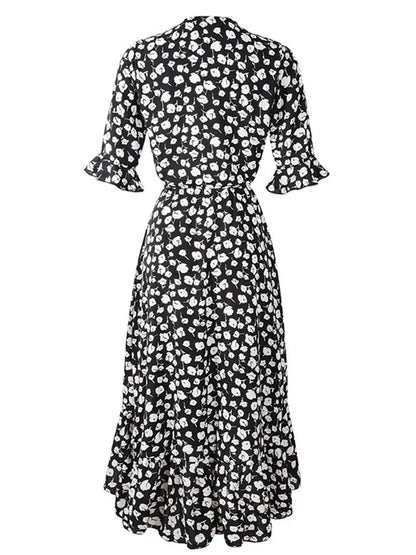 Floral V-Neck Wrap Midi Dress