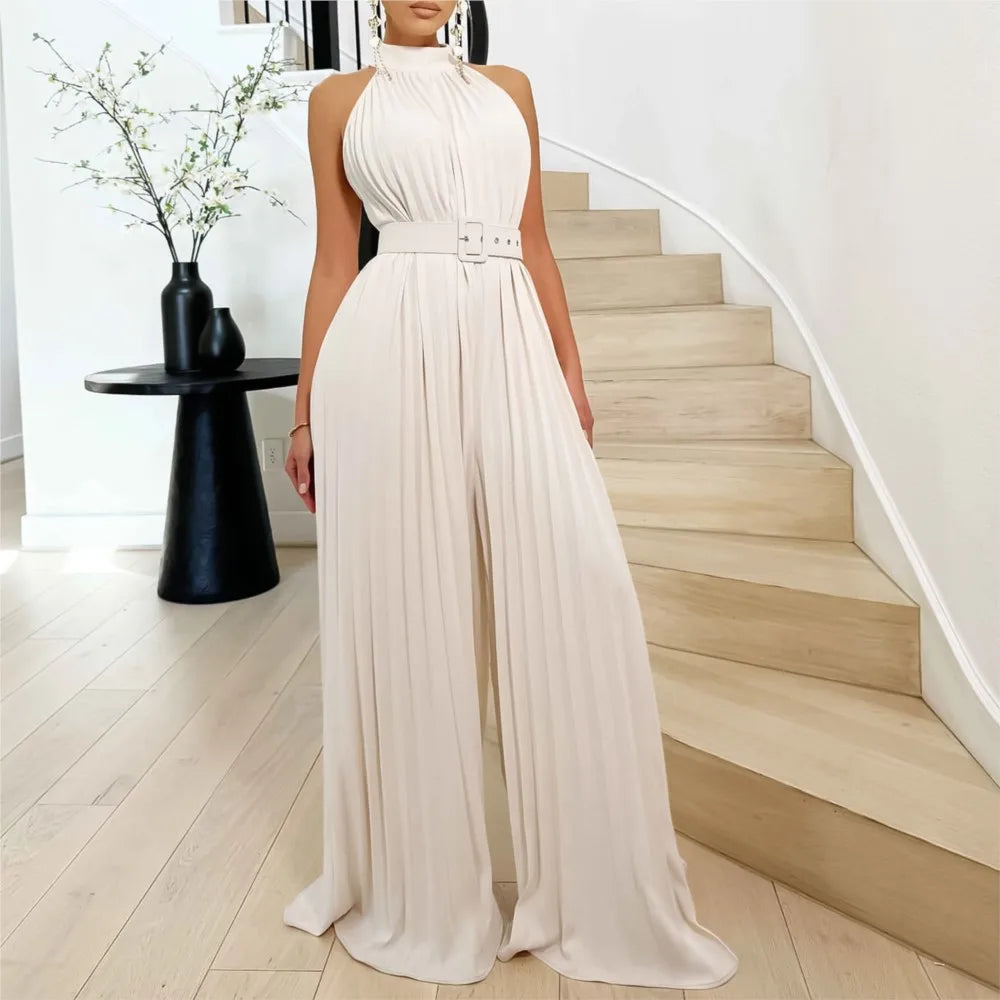 Halter Neck Pleated Wide Leg Jumpsuit