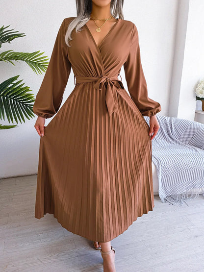 Women’s Elegant V-Neck Pleated Maxi Dress
