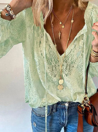 Boho Lace Hollow-Out V-Neck Blouse