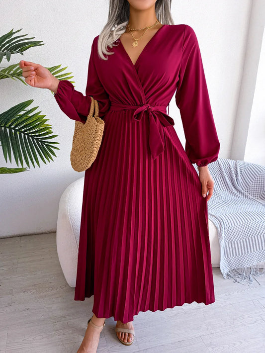 Women’s Elegant V-Neck Pleated Maxi Dress