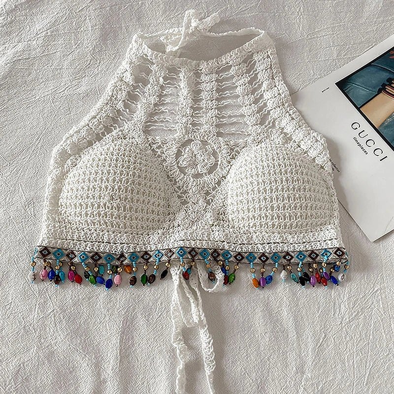 Bohemian Knit Backless Tassel Crop Top