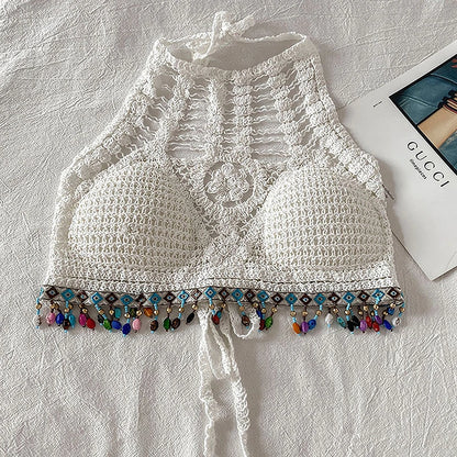Bohemian Knit Backless Tassel Crop Top