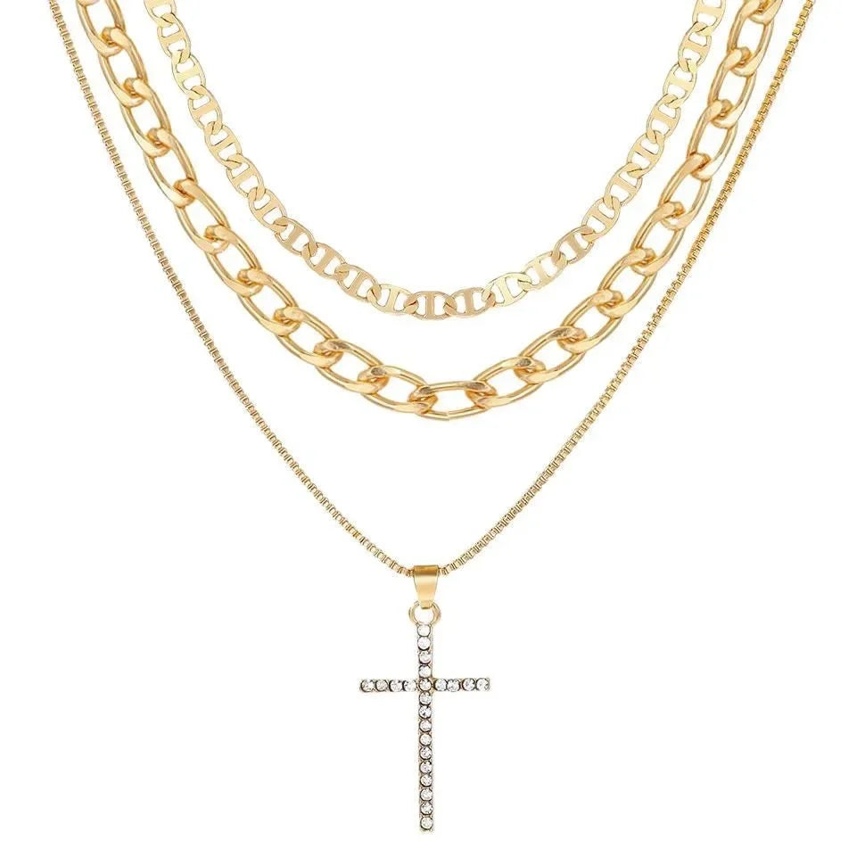 Gold Cross Pendant Layered Necklace