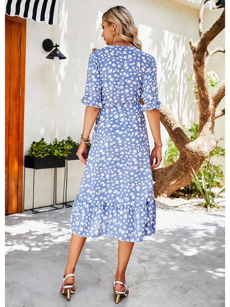 Floral V-Neck Wrap Midi Dress