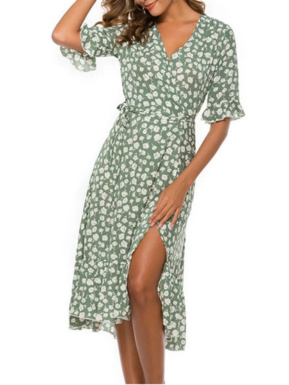 Floral V-Neck Wrap Midi Dress