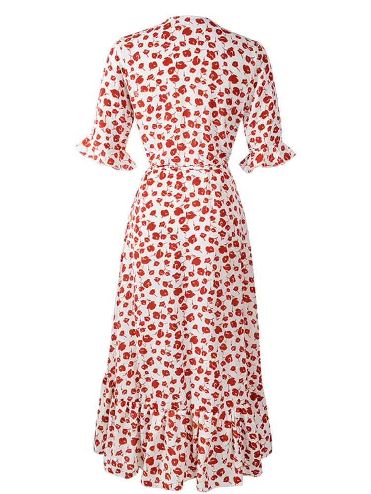 Floral V-Neck Wrap Midi Dress