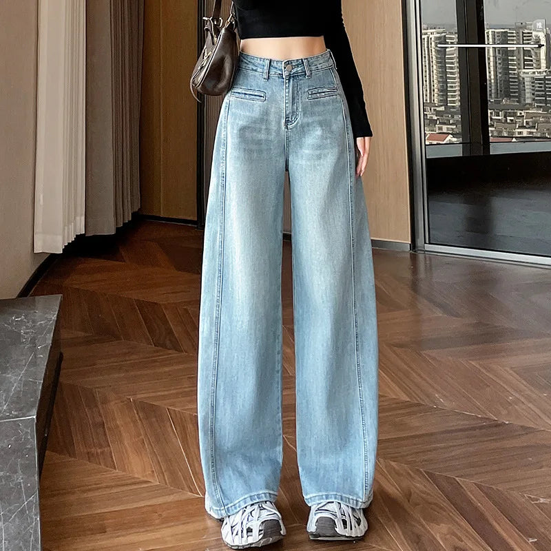 High-Waisted Straight-Leg Denim Pants