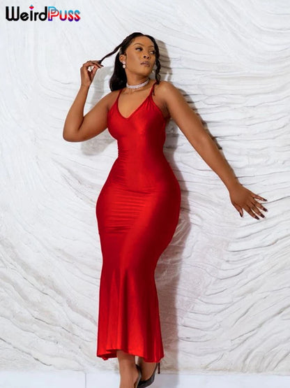 Backless V-Neck Mermaid Maxi Dress